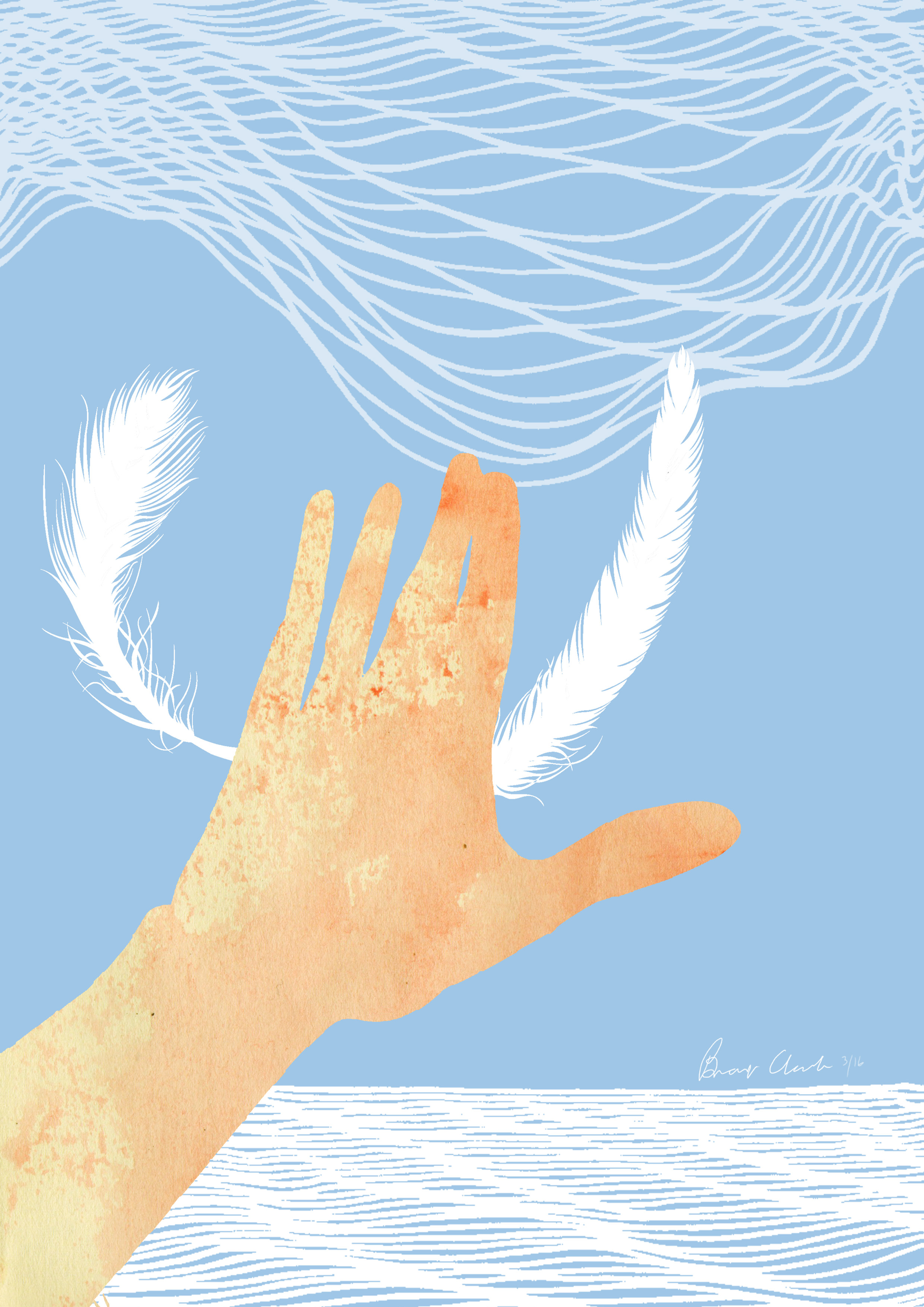 Watercolour illustration — a hand reaching upward with feathers, by Brent Clark